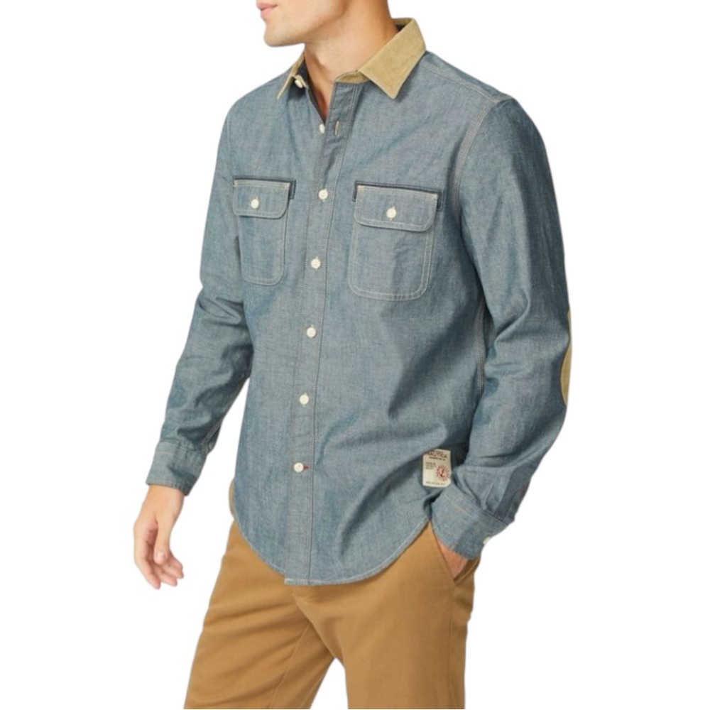 Nautica Chambray Button Down Shirt Corduroy Collar Elbow Patch Size XL Preppy